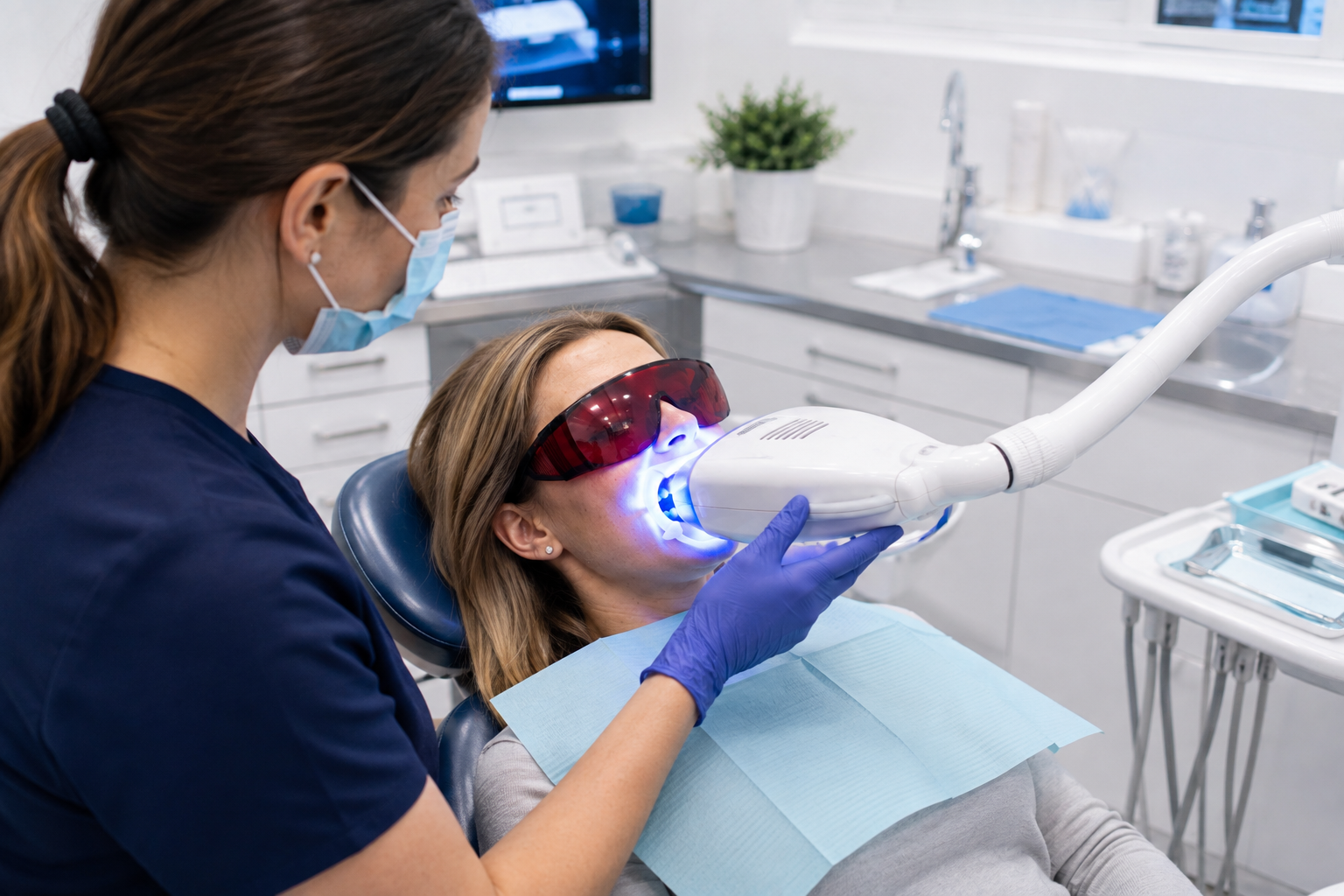 Dentist performing supervised teeth whitening procedure with protective eyewear and LED whitening light on patient